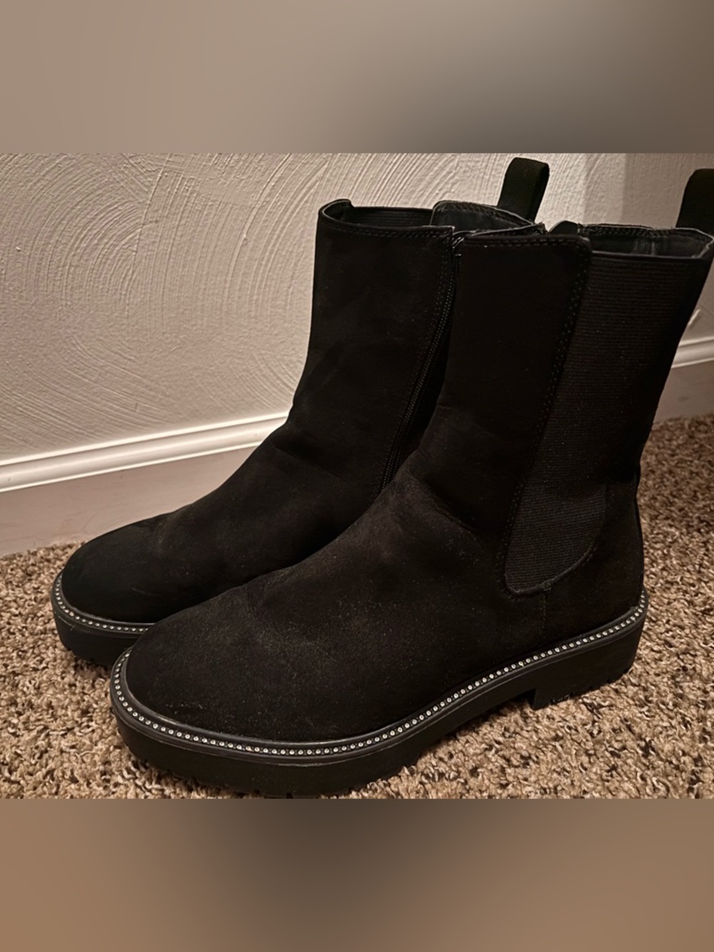 Women's Black Suede Chelsea Ankle Boots with Studded Trim